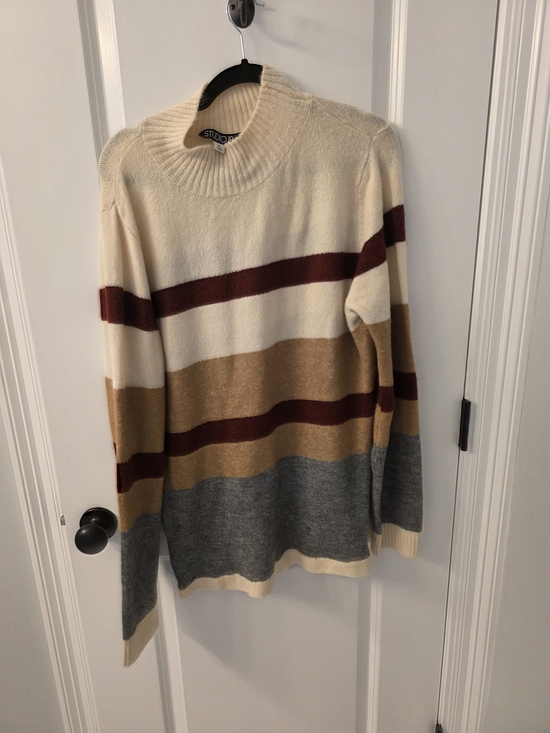 Studio Sweaters - Studio 19 Striped Crewneck Sweater in Cream, Burgundy, Camel and Gray